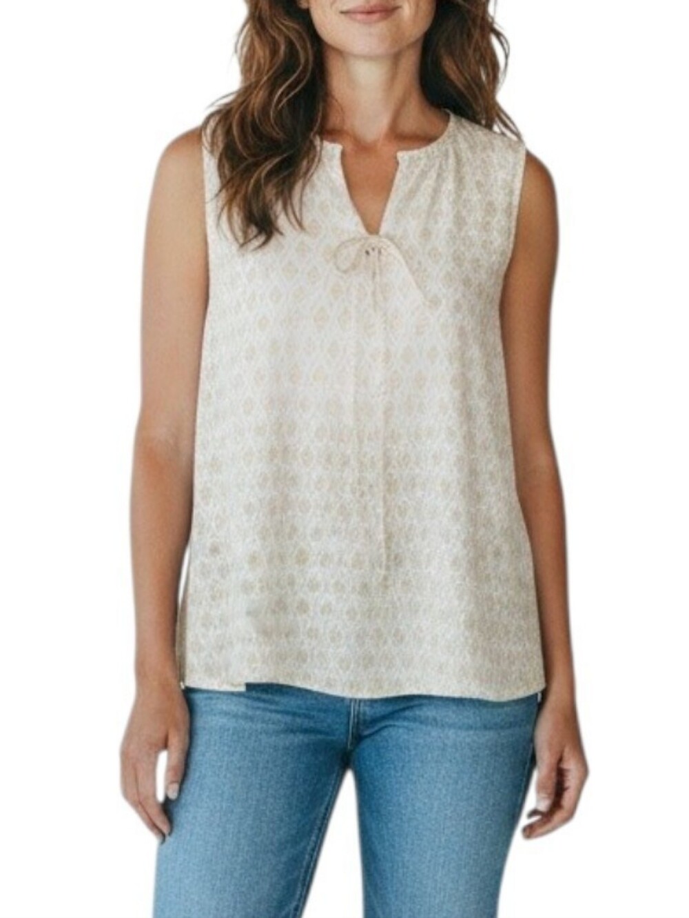 Pendleton Sleeveless Tie-Front Camisole in White & Tan Diamond Print L Petite